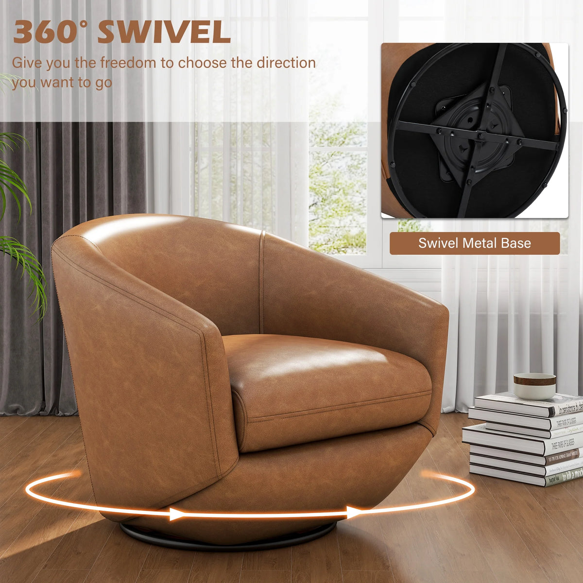 DREAMSIDEA Faux Leather Swivel Accent Chair Sets of 2 360 Swivel Barrel Chair,Swivel Club Sofa for Living Room, Bedroom, Office,Brown