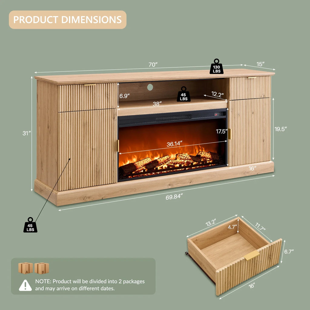 SinCiDo Fluted Fireplace TV Stand for 80 inch, Entertainment Center with 36" Electric Fireplace, 2 Drawers and Adjustable Shelves, Wood TV Stand for Living Room