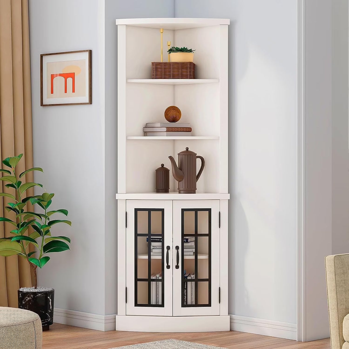 Merluxy Curved Corner Cabinet, 65" Wood Bookcase with 3 Shelves, Distressed White