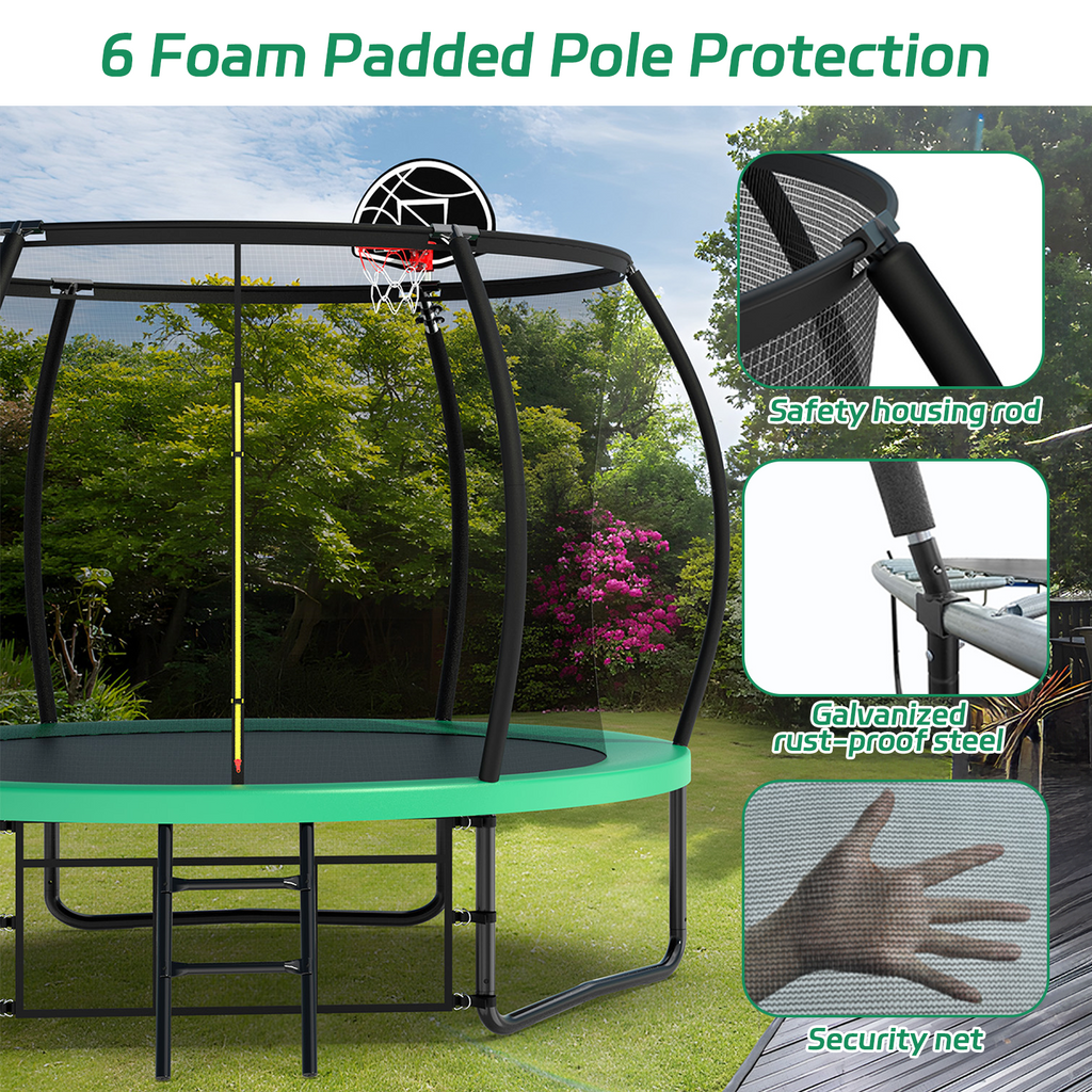 Netrum 10ft Kids Trampoline with Basketball Hoop, Outdoor Trampolines with Enclosure Net,Ladder, 880Lbs Trampoline for 4 Kids Green