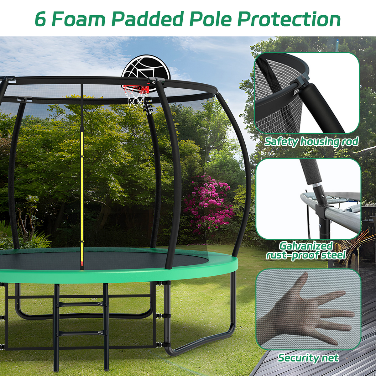 Netrum 10ft Kids Trampoline with Basketball Hoop, Outdoor Trampolines with Enclosure Net,Ladder, 880Lbs Trampoline for 4 Kids Green