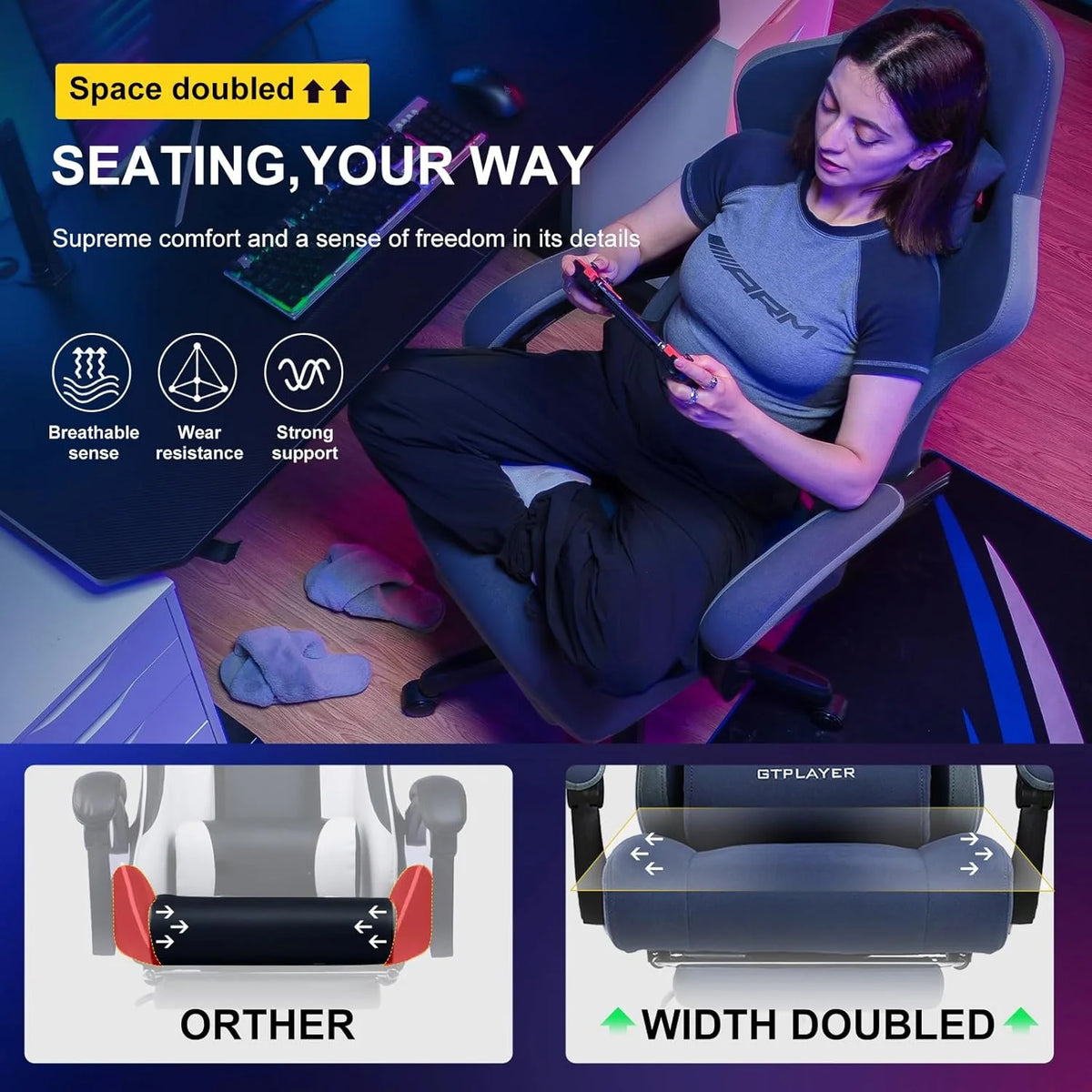GTPLAYER Ergonomic High Back Pocket Spring Cushion Gaming Chair with Footrest & Linkage Armrests, Black