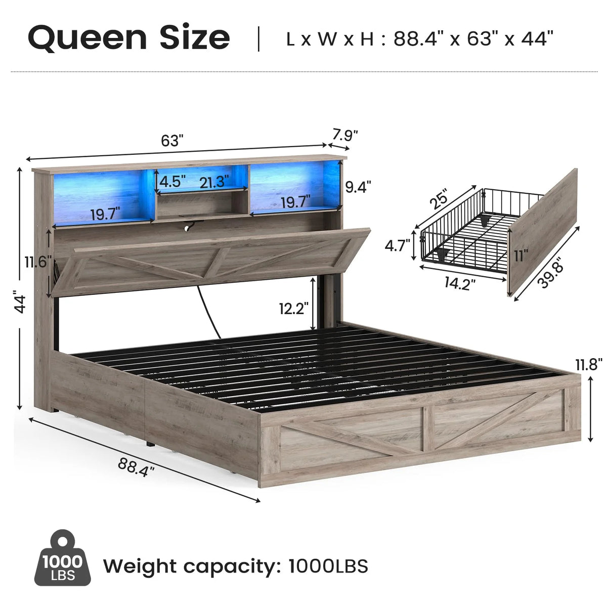 Twin Bed Frame with 4 Storage Drawers and Charging Station, Farmhouse Wooden Led Twin Bed with Storage Hidden Space Headboard and Metal Slats, Gray