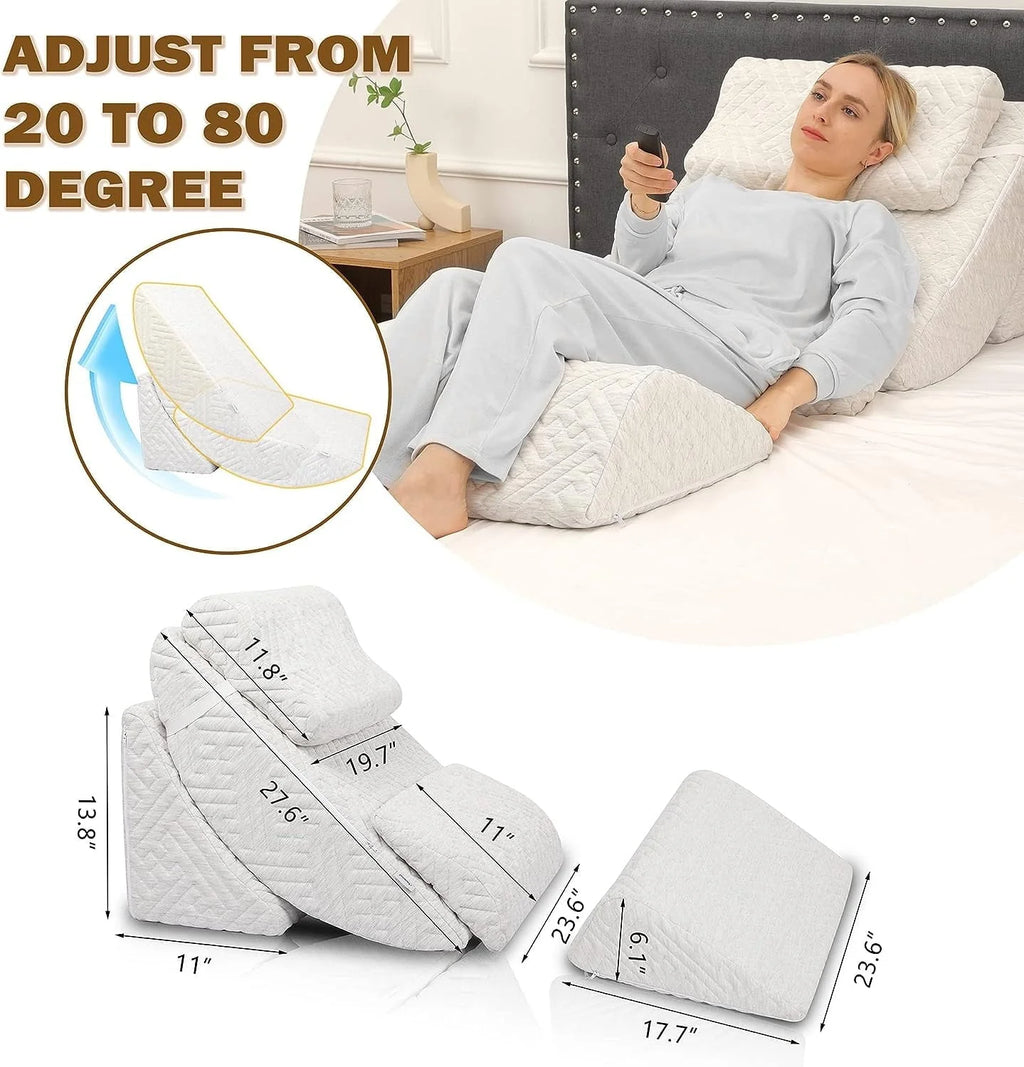Tolead 5pcs Orthopedic Washable Bed Wedge Pillow Set, Adjustable Memory Foam, Sleeping, Reading, Gray