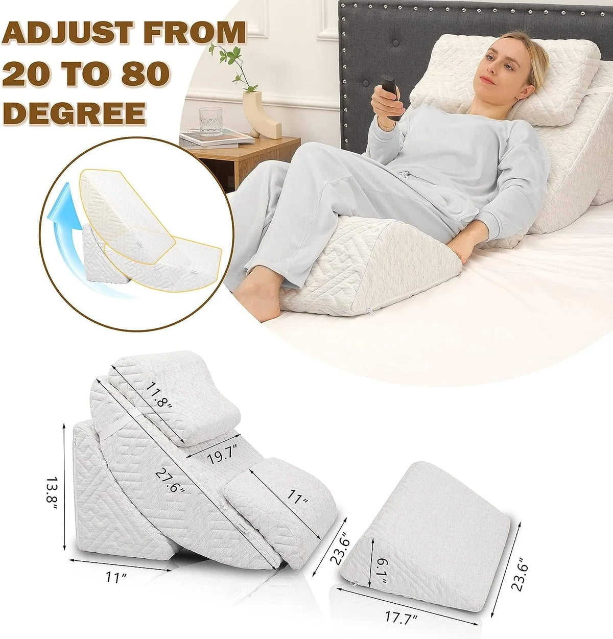 Tolead 5pcs Orthopedic Washable Bed Wedge Pillow Set, Adjustable Memory Foam, Sleeping, Reading, Gray