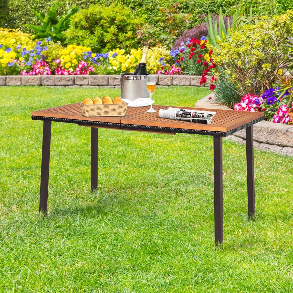 Gymax Rectangle Patio Outdoor Dining Table Acacia Wood Tabletop w/ 2'' Umbrella Hole