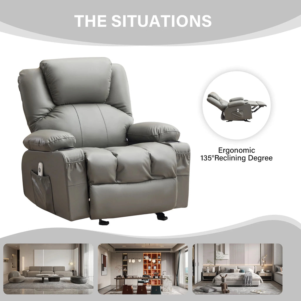 JONPONY Manual Recliner Chair with Heat Therapy and Massage Function, Heavy Duty Reclining Mechanism Massage Chair, Elderly Single Rocker Sofa with Cup Holders for Bedroom Home Theater,Black