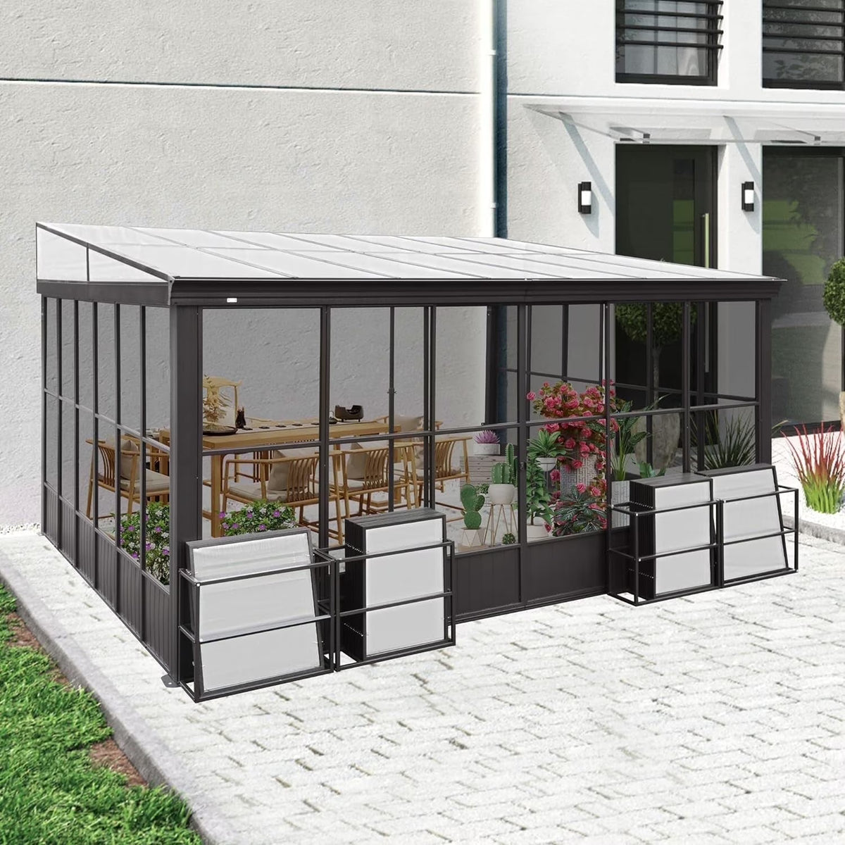 Domi Outdoor Living 10' x 12' Hardtop Lean-to Gazebo, Wall-Mounted with Galvanized Steel Roof Wall Pergola with Aluminum Frame, Curtains and Netting, for Patio, Deck, Garden, Backyard