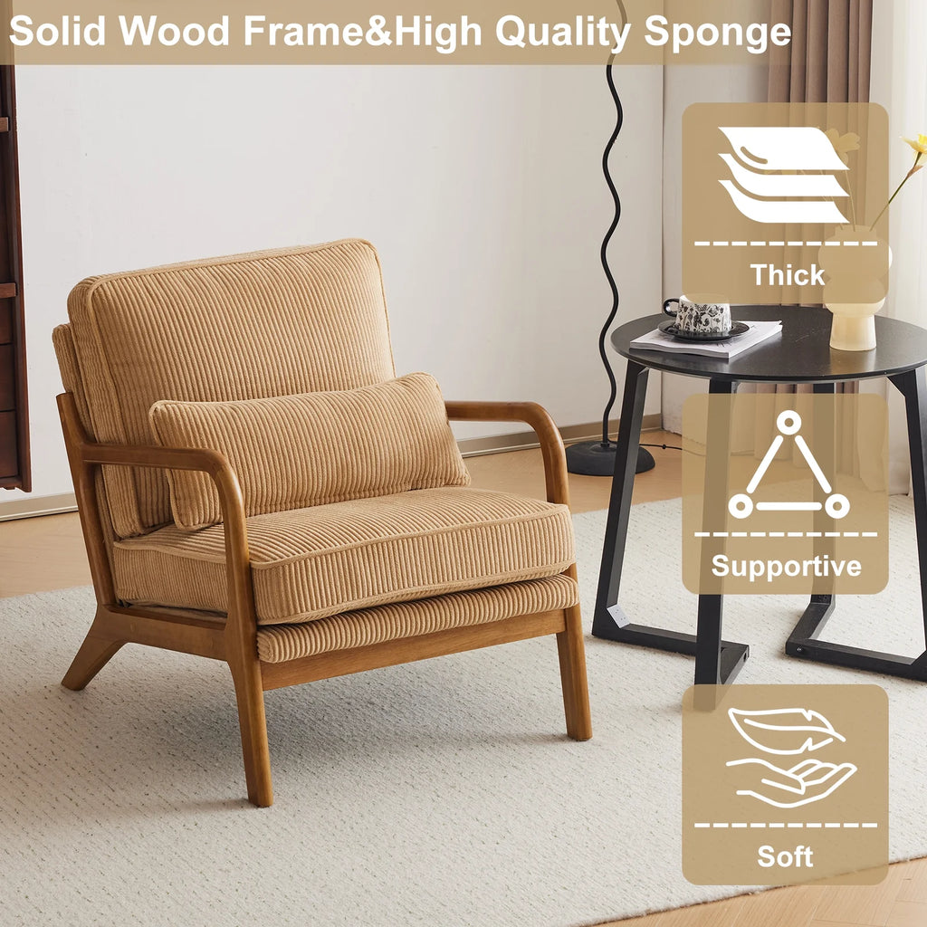 Ktaxon Accent Chair Corduroy Upholstered Armchair, Reading Club Chair with Pillow and Solid Wood Frame for Living Room Bedroom Furniture Off White