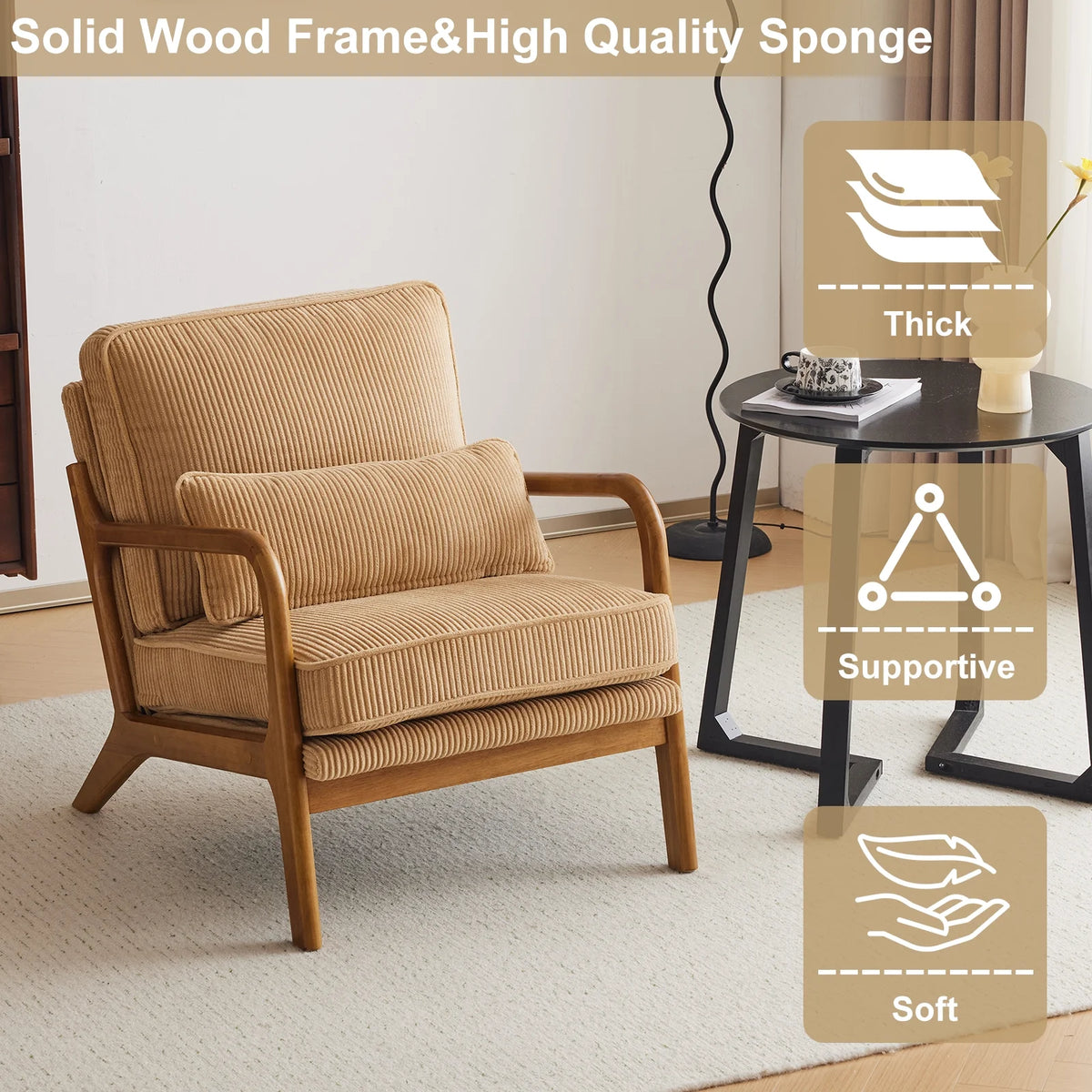 Ktaxon Accent Chair Corduroy Upholstered Armchair, Reading Club Chair with Pillow and Solid Wood Frame for Living Room Bedroom Furniture Off White