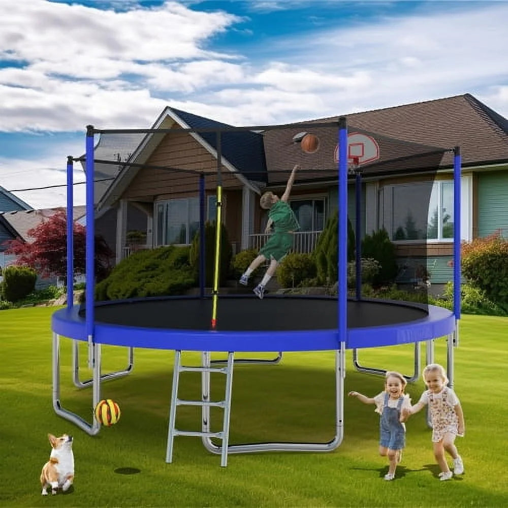 14FT Trampoline for Kids and Adults,Outdoor Large Recreational Trampoline with Ladder and Basketball Hoop,Blue