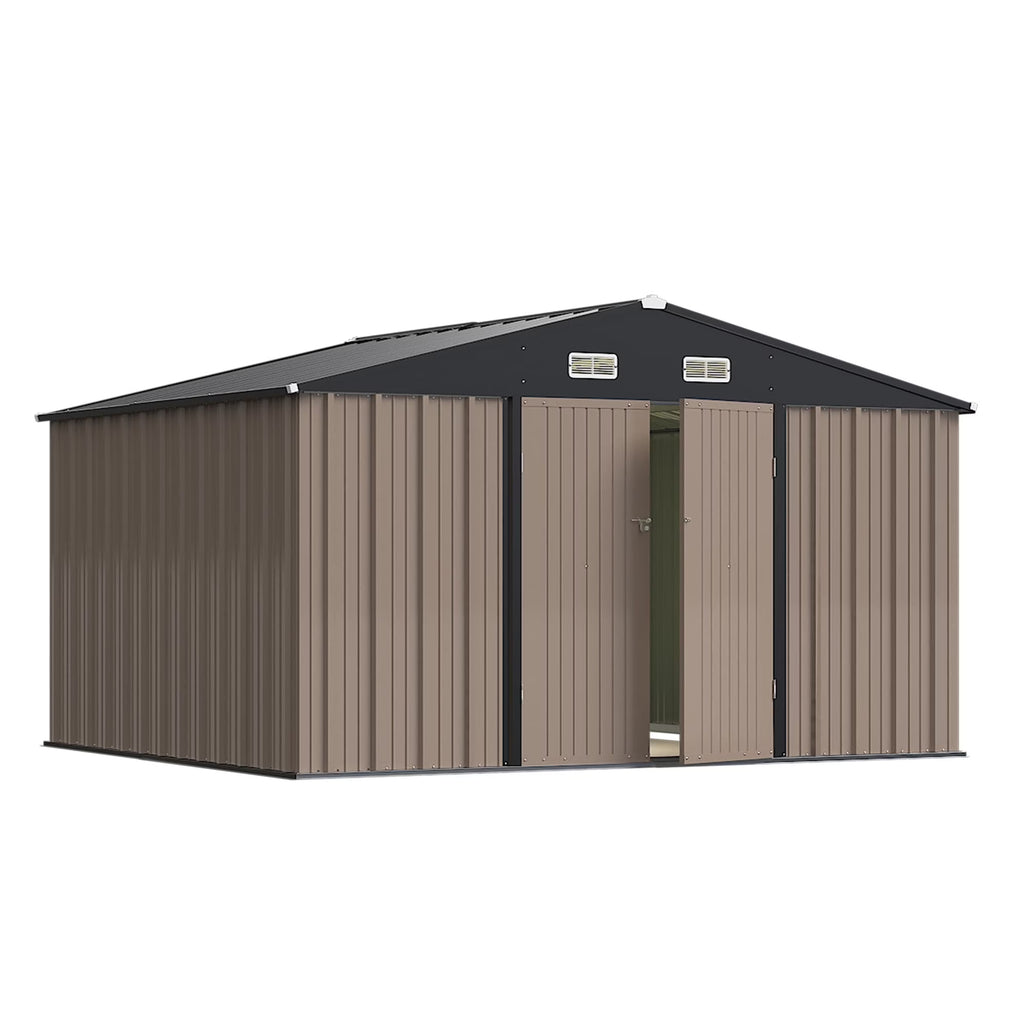 Devoko 10x8 Ft Metal Storage Shed, Lockable Steel Garden Shed for Patio Backyard Outdoor Tools, Brown