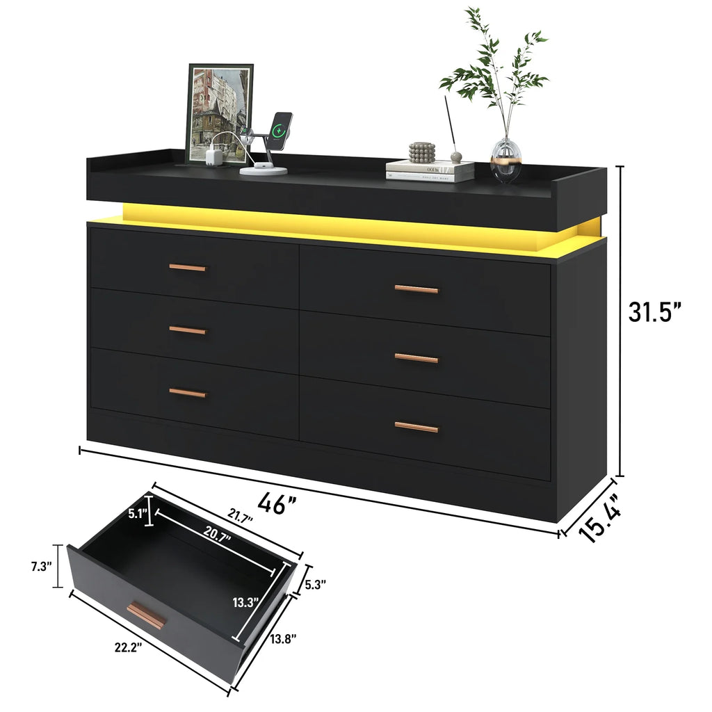 ChVans White Dresser with LED Light and Charging Station, Modern Wood Dresser with Wide Drawers and Metal Handles, 6 drawer dresser for Bedroom, Living Room, Entryway, Hallway