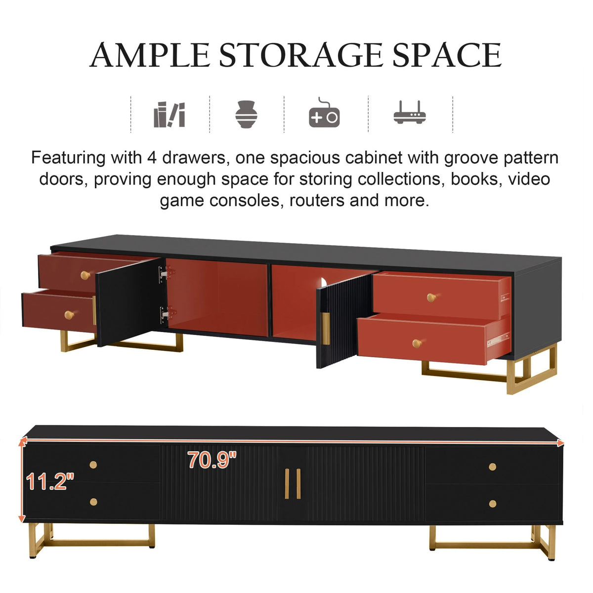 DEALTOPS Stylish TV Stand with 4 Drawers, Spacious Media Console with Metal Legs for TVs Up to 75'', Black