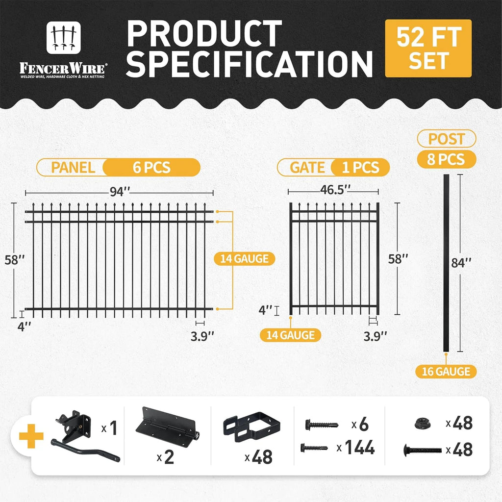 Fencer Wire Pack of 5 Heavy Duty Pinnacle Fence Barrier Panel, 5FT Height X 8FT Width Anti-Rust Metal Fencing Panel, 2 Diameter Steel Outdoor Decorative Garden Fence Panel for Yard, Pool, Patio