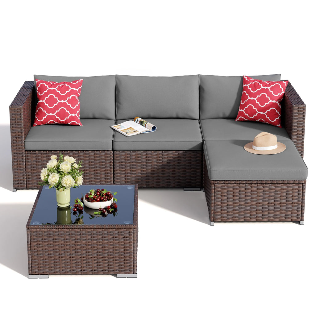 7 Piece Outdoor Patio Furniture Set, Asofer Rattan Wicker Outdoor Conversation Sectional Sofa Set, Gray