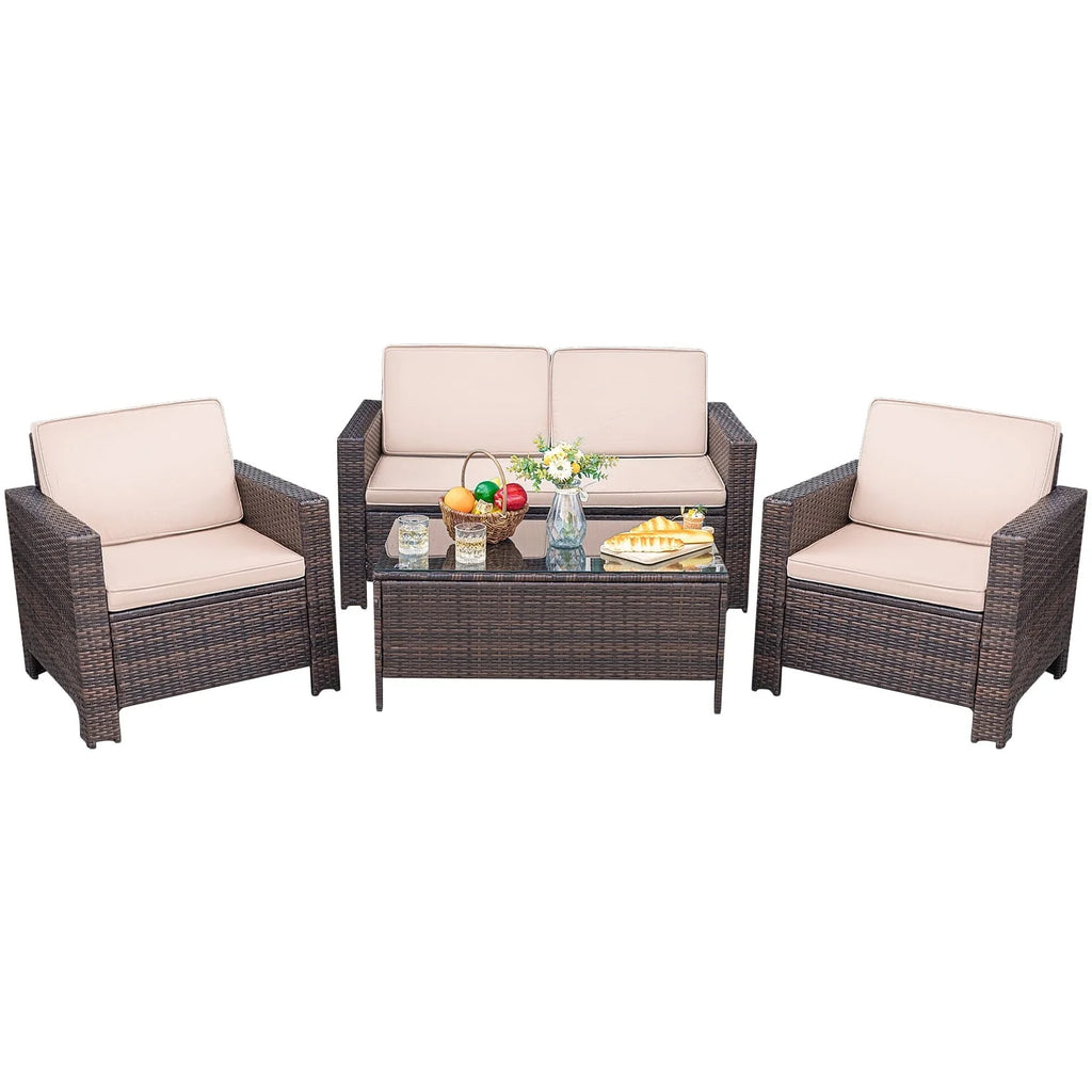 Lacoo 4 Pieces Patio Furniture Sets Rattan Chair Wicker Conversation Sofa Set Outdoor Backyard Porch Garden Poolside Balcony Use Furniture, Beige
