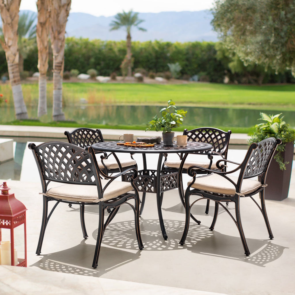 Nuu Garden 5-Piece Outdoor Bar Set, Outdoor Patio Dining Furniture Set, Round Dining Table with Umbrella Hole and Patio Dining Chairs, Bronze