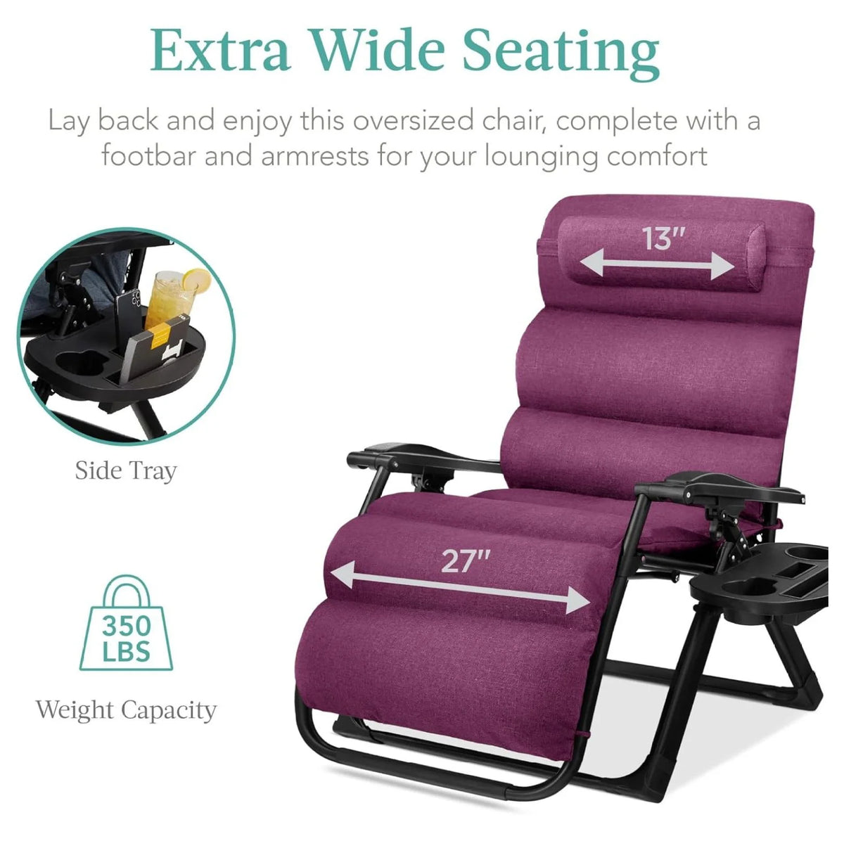 Oversized Chair, Folding Outdoor Patio Recliner, XL Anti Gravity Lounger w/Removable Cushion, Cup Holder, Side Tray, 350lb Capacity - Taupe