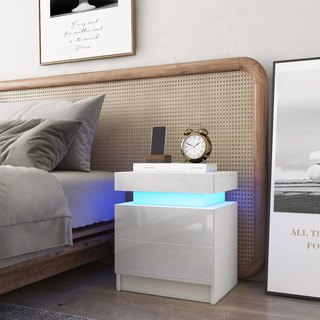 Hommpa 2 Drawer Modern Nightstand with RGB LED Light High Gloss Bedside Tables for Bedroom White