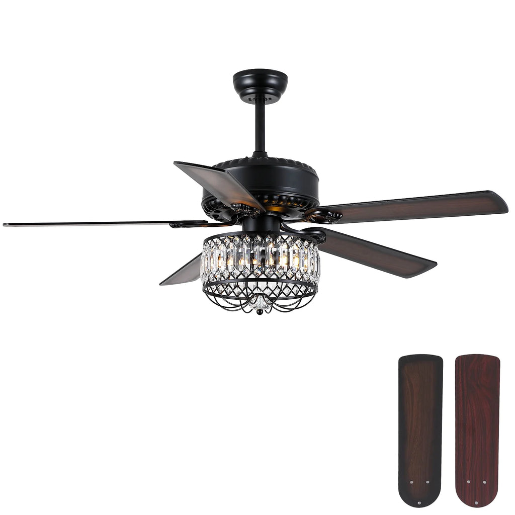 Kviflon 52" Farmhouse Ceiling Fan with Lights & Remote, Crystal Chandelier, Wood Blades, Quiet Motor, 6-Speed, Timer, Modern Lighting for Living Room, Bedroom, Dining Room, Chrome Finish