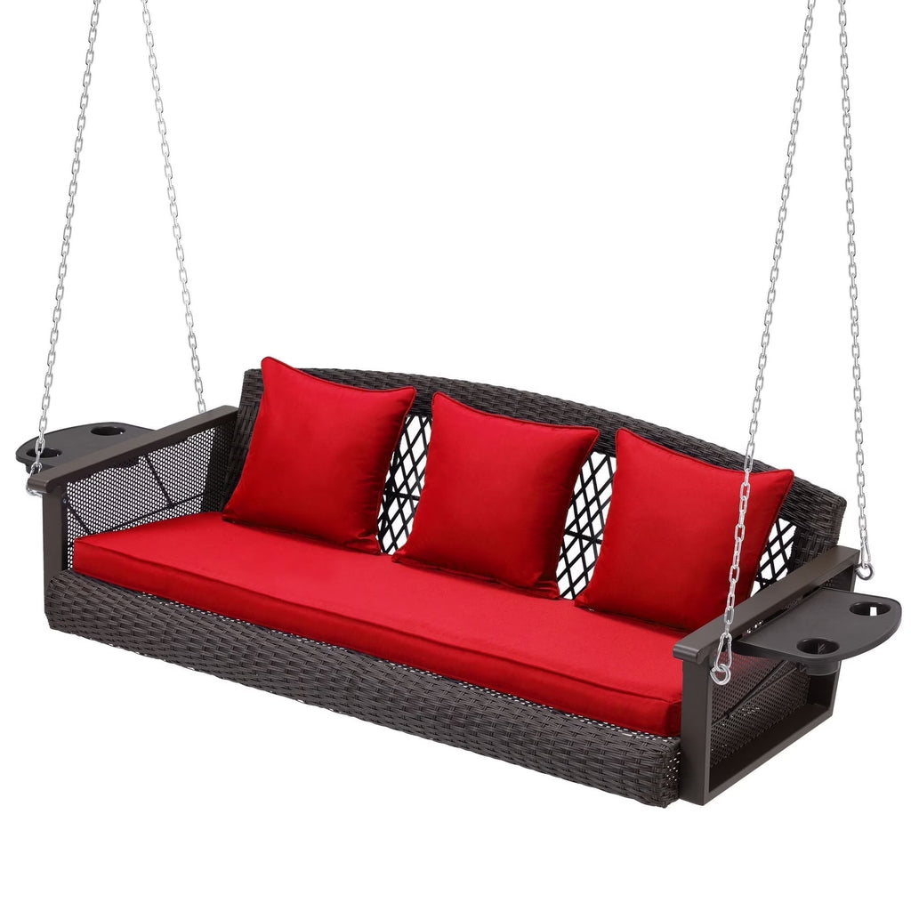 Homrest 3-Person Porch Swing 55in Wicker Hanging Swing Bench with Cushions and Cupholders for Deck, Garden and Backyard, Beige