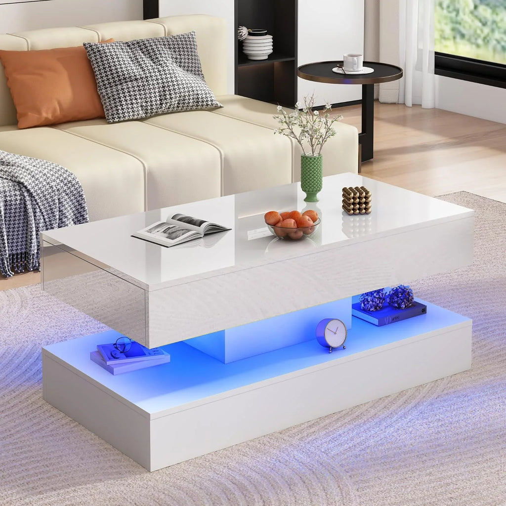 ChVans Large Black LED Coffee Table with 2 Storage Drawers, Modern High Gloss Coffee Table w/20 Colors LED Lights/APP Control, 2 Tiers Rectangle Large Living Room Furniture w/Marbling Print(47.3")