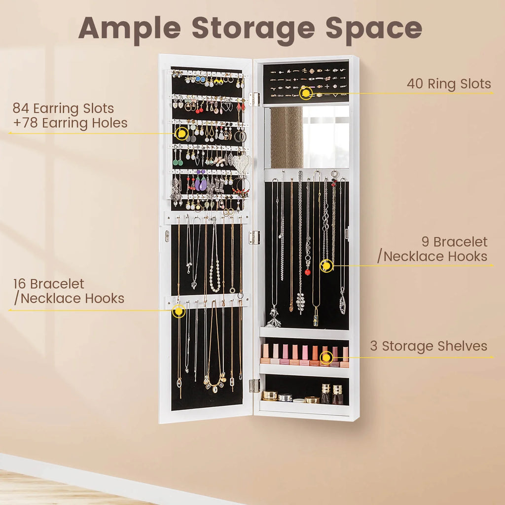 Costway Wall Door Mounted Mirrored Jewelry Cabinet Storage Organizer-Black