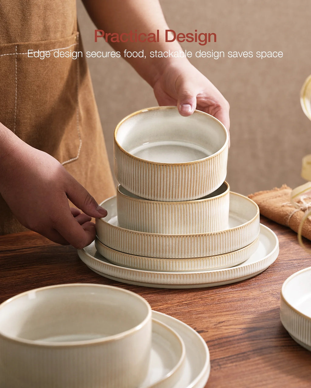 Famiware Star Stoneware Dinnerware Sets, Plates and Bowls Set for 4, 12 Piece Dish Set, Cappuccino White