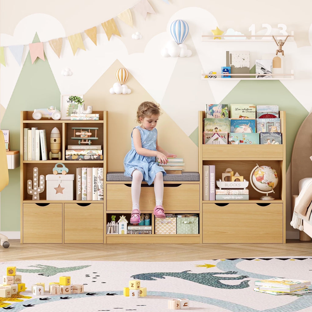 Hiphuta 72"Wide Kids Bookcase with Reading Nook and Under Bench Storage, Wooden Toy Storage Organizer & Book Rack for Kids Room, White
