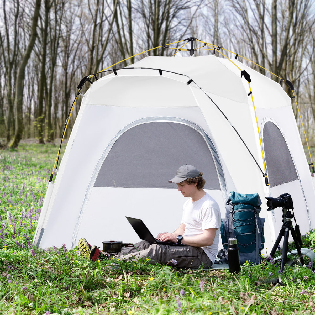 Outsunny Camping Tents 4 Person Pop Up Tent w/ Windows, Doors, Blue