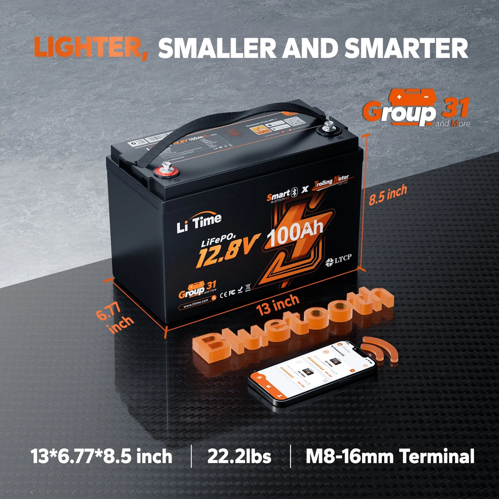 LiTime 12V 100Ah TM Bluetooth Lithium LiFePO4 Battery Low Temp Protection 1280W for Trolling Motor