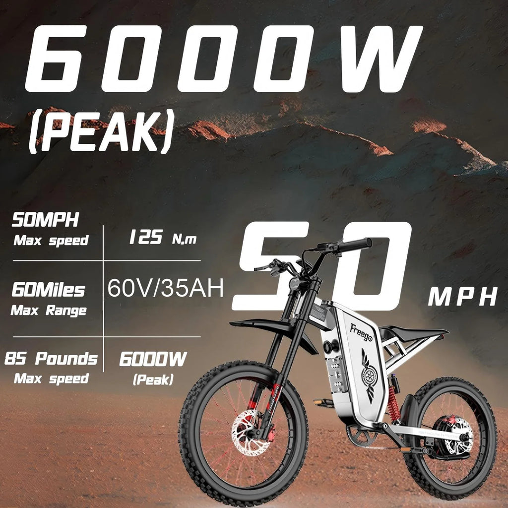 6000W(Peak) Motor 60V/35Ah Battery, Freego X2Pro Electric Motorcycle for Adults, Electric Bike  50MPH/7 Speed Off Road Electric Bicycle,19x2 Full Suspension/Four-Piston Hydraulic Brake UL2849MTB