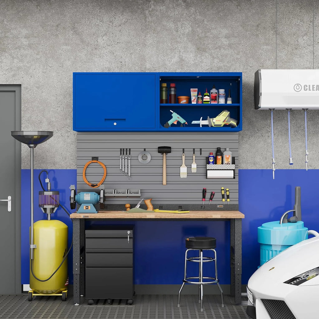 Metal Storage Cabinet Blue Wall Cabinets with Shelf and Locking Door - Wall Mounted Storage Cabinet for Garage Warehouse Home Office - Assembly Required