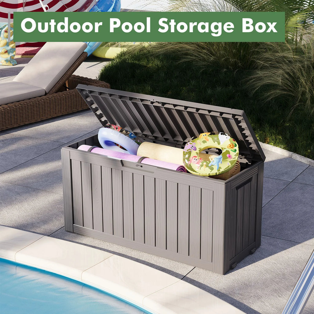 LHBcraft 150 Gallon Deck Box, Outdoor Storage Box, Large Waterproof Resin Indoor Storage Box with Built-in Steel Beams for Patio, Cushions, Pool Supplies