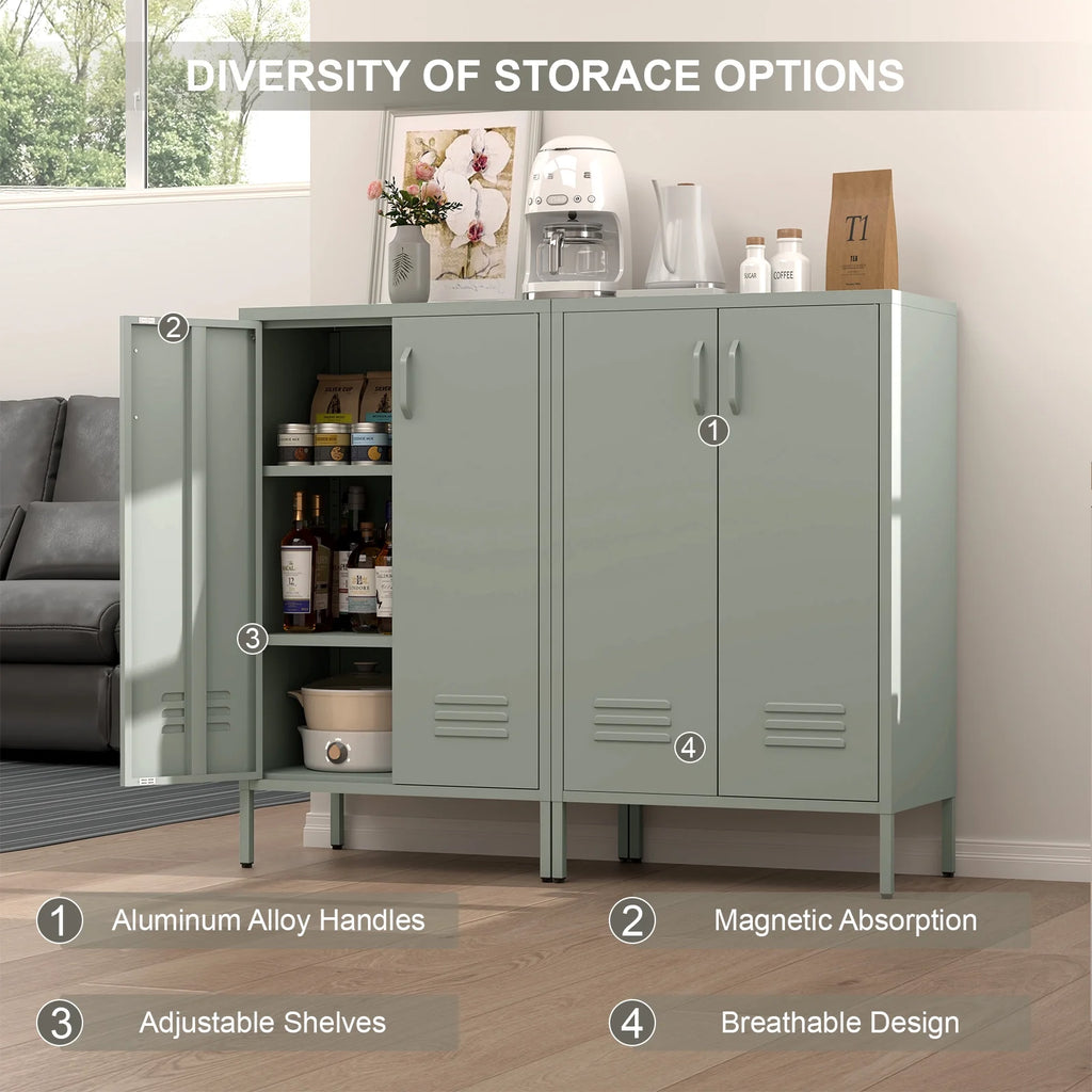 Marcree Green Metal Cabinet,2 Door Accent Cabinet,Metal Locker Cabinet with Legs,Sideboard Cabinet with Adjustable Shelves,Locker Storage Cabinet for Living Room,Entryway