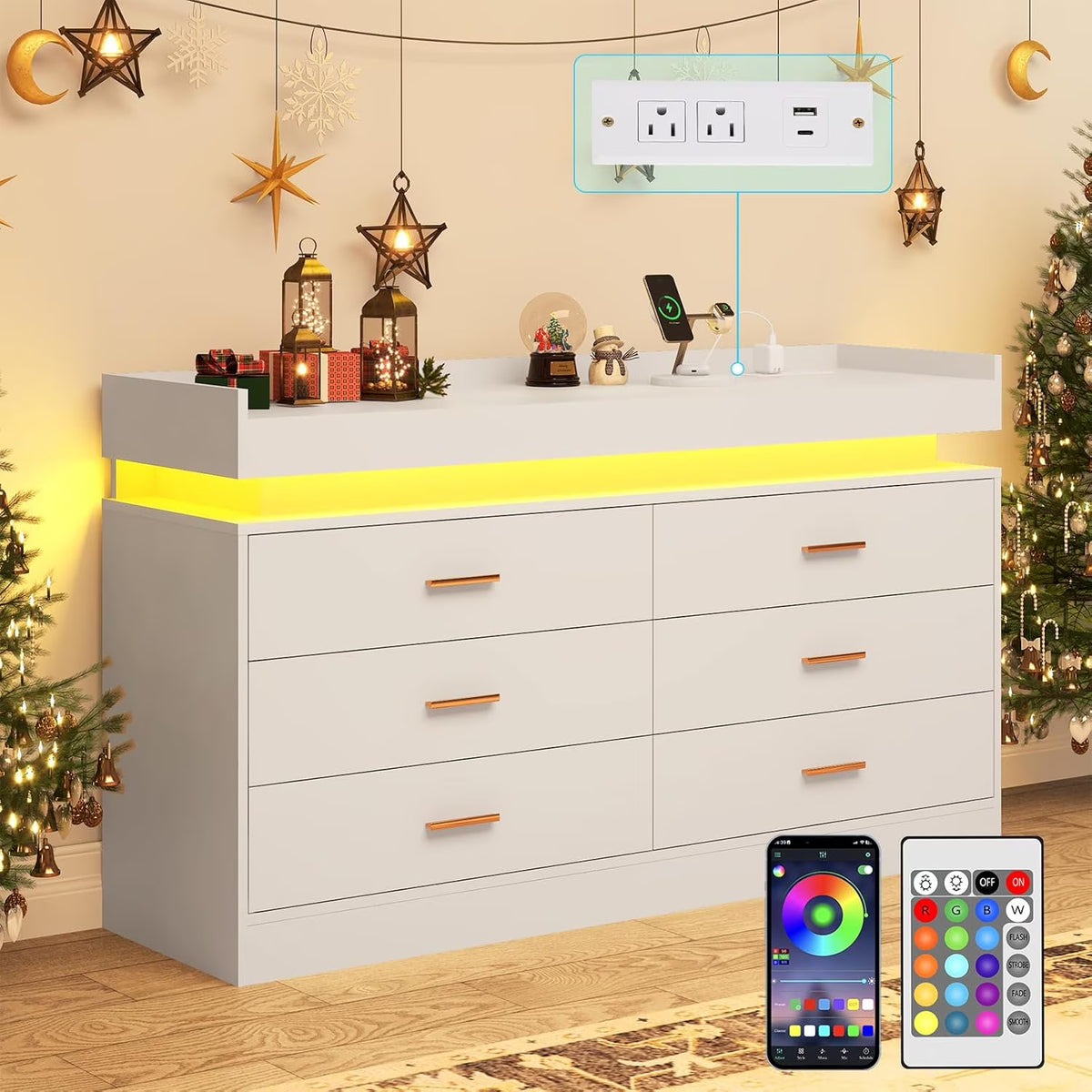 ANPOO 9 Drawer Dresser with LED Lights and Charging Station, Modern Double Wide Chest of Drawers with Power Outlet for Bedroom, Living Room