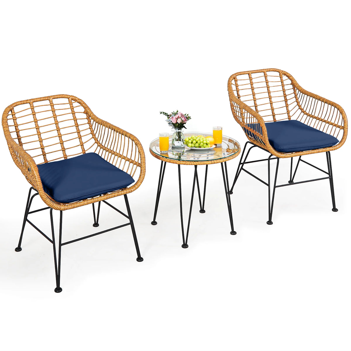 Costway 3PCS Patio Rattan Bistro Furniture Set Cushioned Chair Table Navy