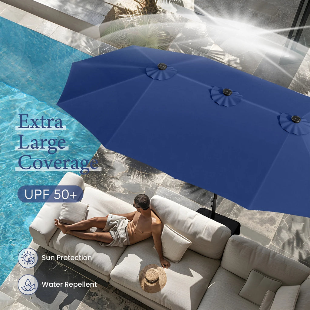 Summit Living 15 FT Double-Sided Solar Patio Umbrella with Base Large Outdoor Umbrella with LED Solar Lights - Haze Blue