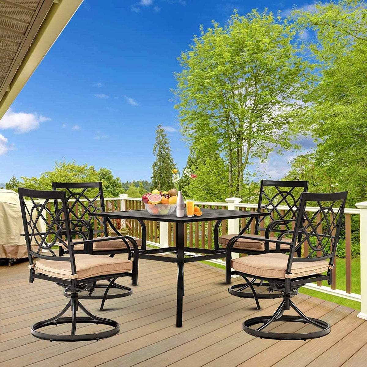 SUNCROWN 5-Piece Outdoor Wrought Iron Chairs and Table Patio Dining Furniture Set - 4 Stackable Metal Chairs, 1 Steel Slat Bistro Table and 1 Sky Blue 9Ft Patio Umbrella for Garden Backyard Deck