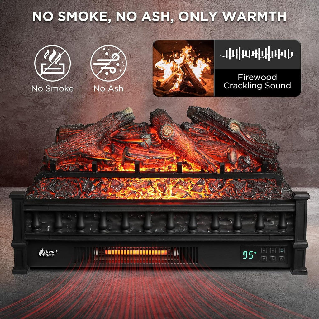 TURBRO Eternal Flame 26 in. WiFi Infrared Quartz Electric Fireplace Log Heater with Sound Crackling, Realistic Pinewood Logs, Adjustable Flame Colors, Remote Control, Thermostat, Timer, 1500W Bronze