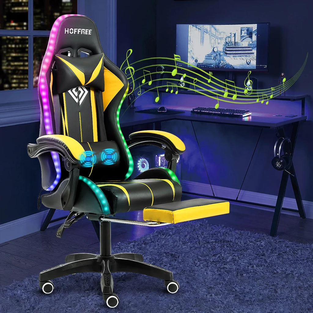 Hoffree Gaming Chair with Bluetooth Speakers and Footrest Massage Office Chair with LED Lights Ergonomic Game Chair High Back with Lumbar Support and Headrest Adjustable Swivel for Adults 300lb