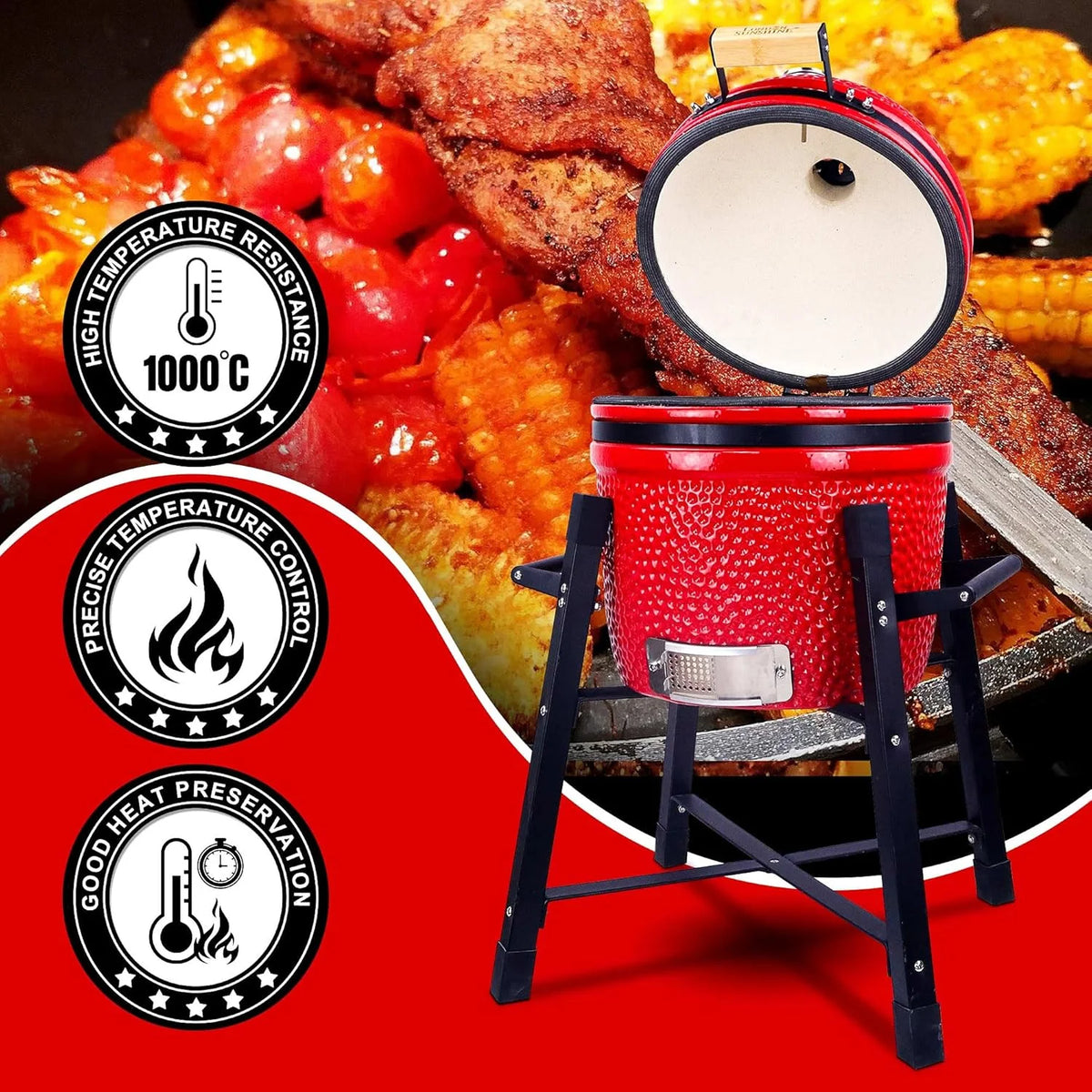 London Sunshine Ceramic Kamado Charcoal BBQ Grill -The Junior Series with Tall Stand (BLACK)