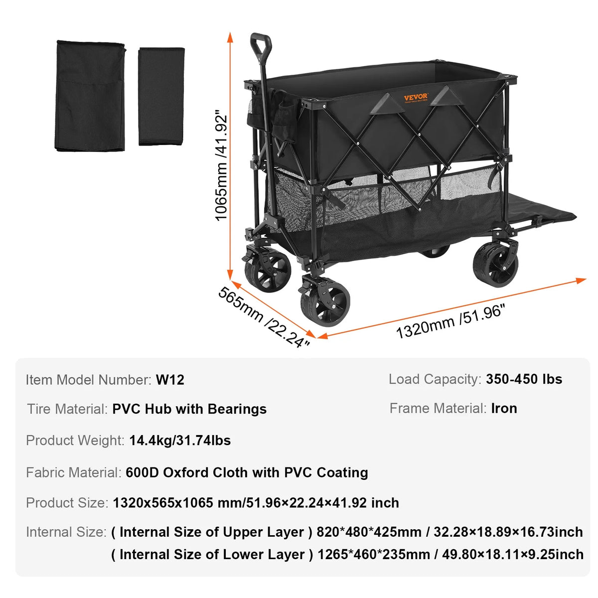 VEVOR Foldable Double Decker Wagon, 400L Collapsible Wagon Cart with All-Terrain Wheels,Heavy Duty Folding Wagon Cart 350-450 lbs Weight Capacity for Camping,Shopping,Garden,52" Extra Long Extender