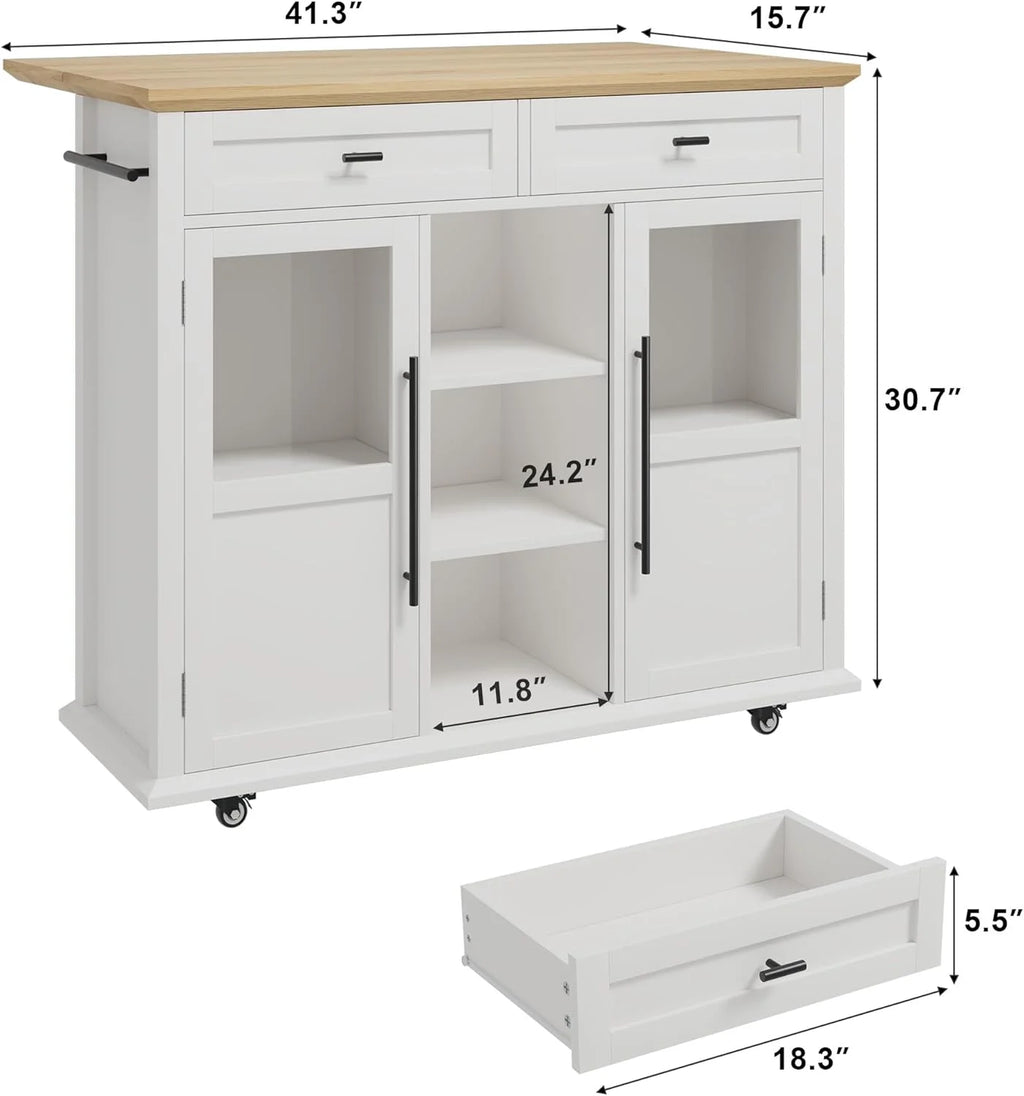 WALYWIK Foldable Kitchen Island Cart with Wheels, 2 Glass Doors, Spice Rack & Towel Holder Compact Mobile Storage Cart for Small Kitchens, Dining Rooms, Camping & RVs - Grey
