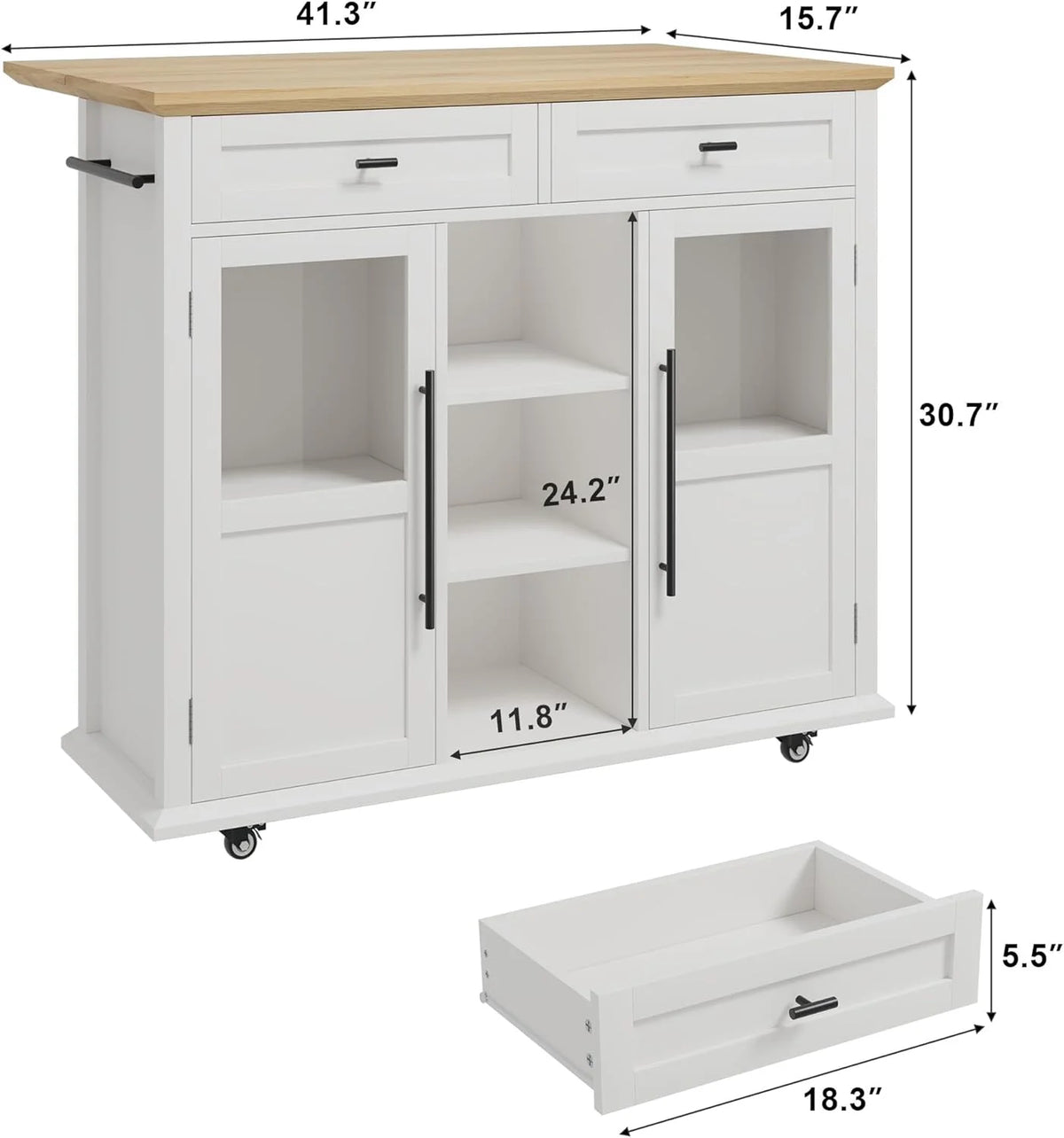 WALYWIK Foldable Kitchen Island Cart with Wheels, 2 Glass Doors, Spice Rack & Towel Holder Compact Mobile Storage Cart for Small Kitchens, Dining Rooms, Camping & RVs - Grey