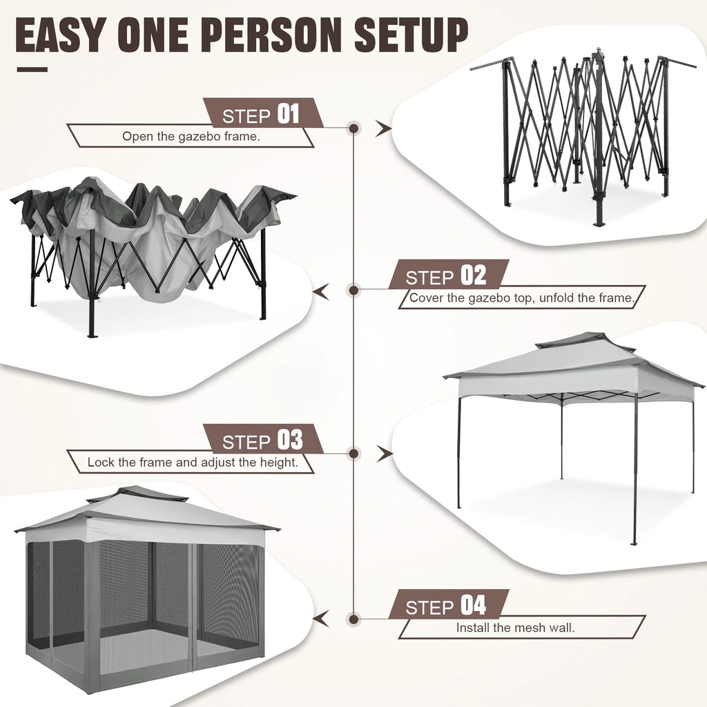HOTEEL 11x11 Outdoor Waterproof Gazebo, Pop up Canopy Gazebo with Mosquito Netting & UV Protection for Parties, Camping, Weddings, and Backyard Events, Gray