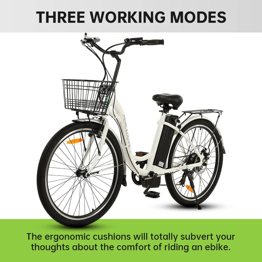 26 Inch 36V 10AH 350W City Bike Electric Bicycle e-bike White with Basket 7 Speed Step Through Commuter for Women Girls