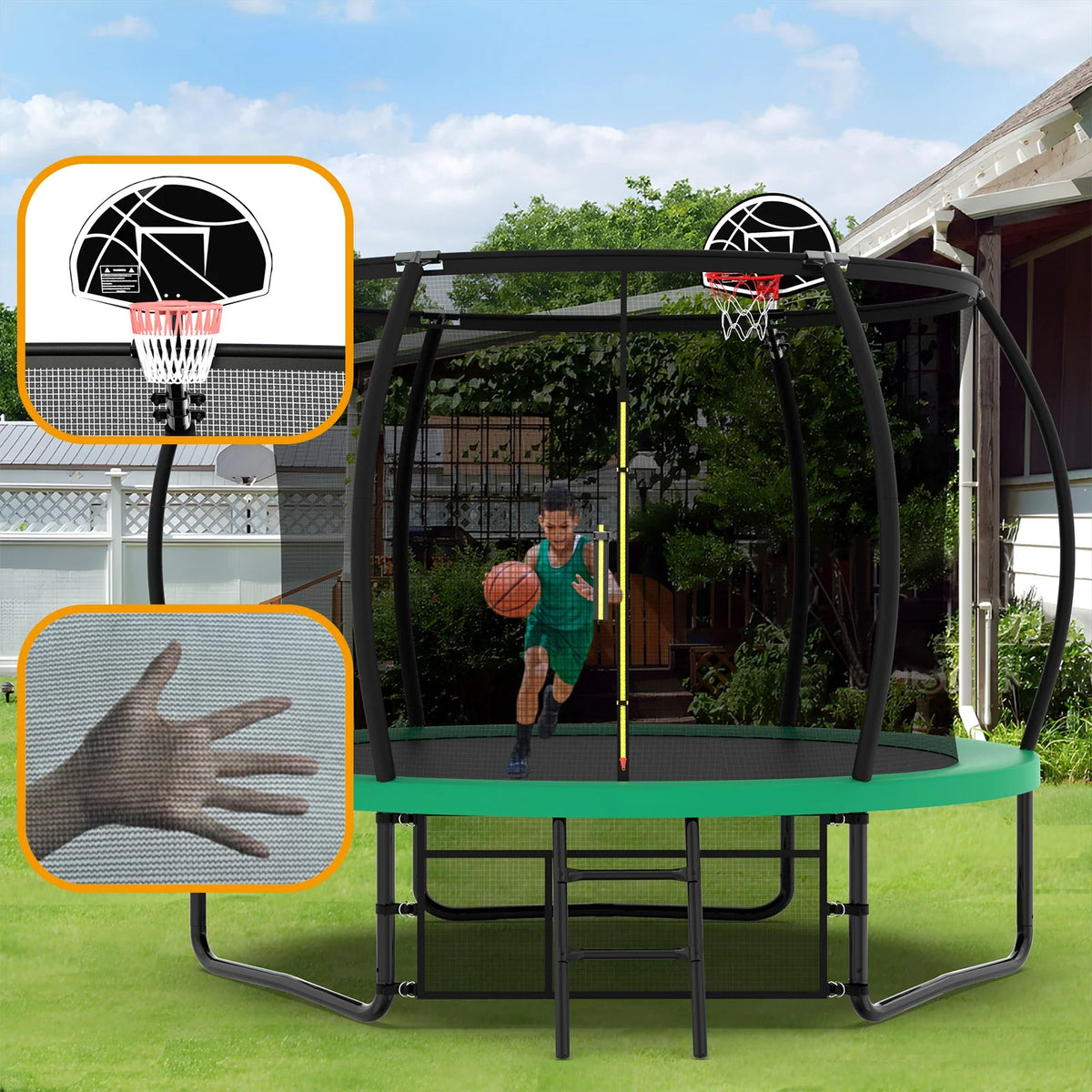 Netrum 10ft Kids Trampoline with Basketball Hoop, Outdoor Trampolines with Enclosure Net,Ladder, 880Lbs Trampoline for 4 Kids Green