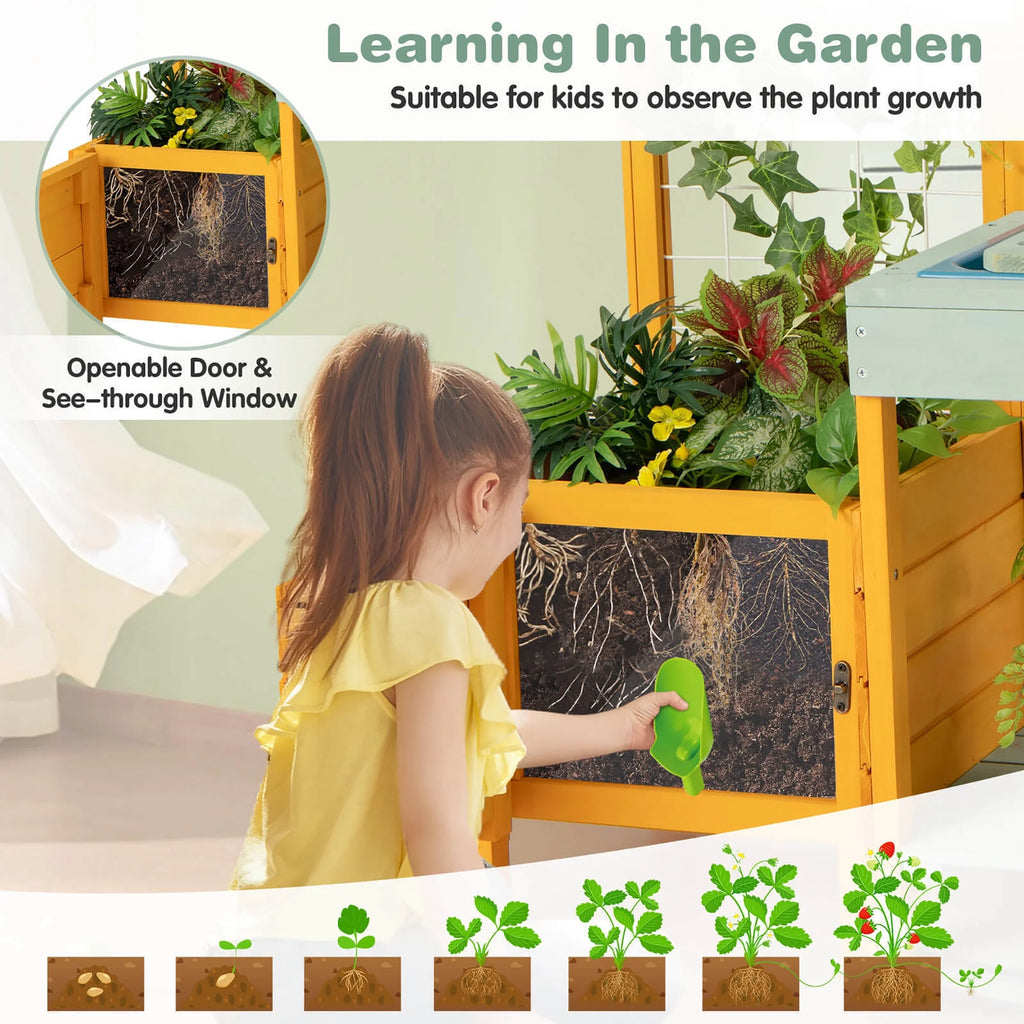 Gymax Wooden Potting Bench for Kids w/ See-Through Window Planter Box Garden Trellis